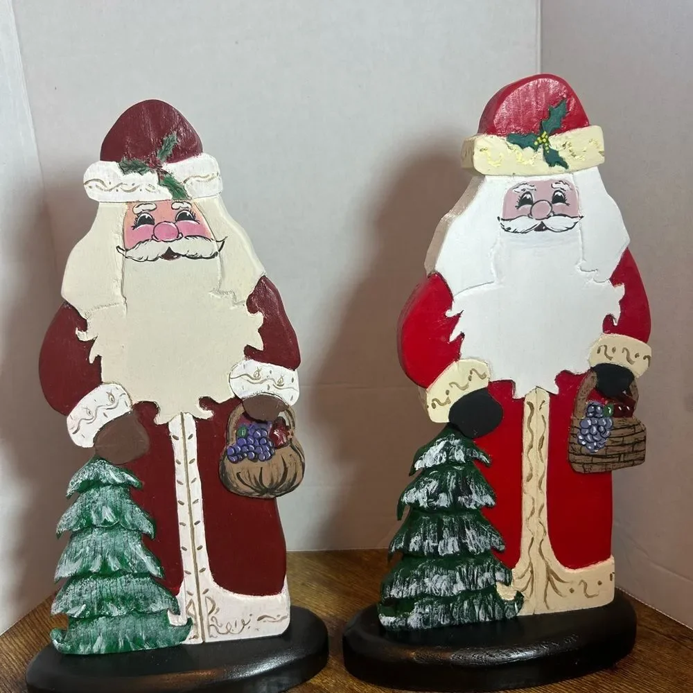 Vtg Handpainted Wooden Santas w Xmas Trees 10.25in Tall 5.5in Base Holiday Decor